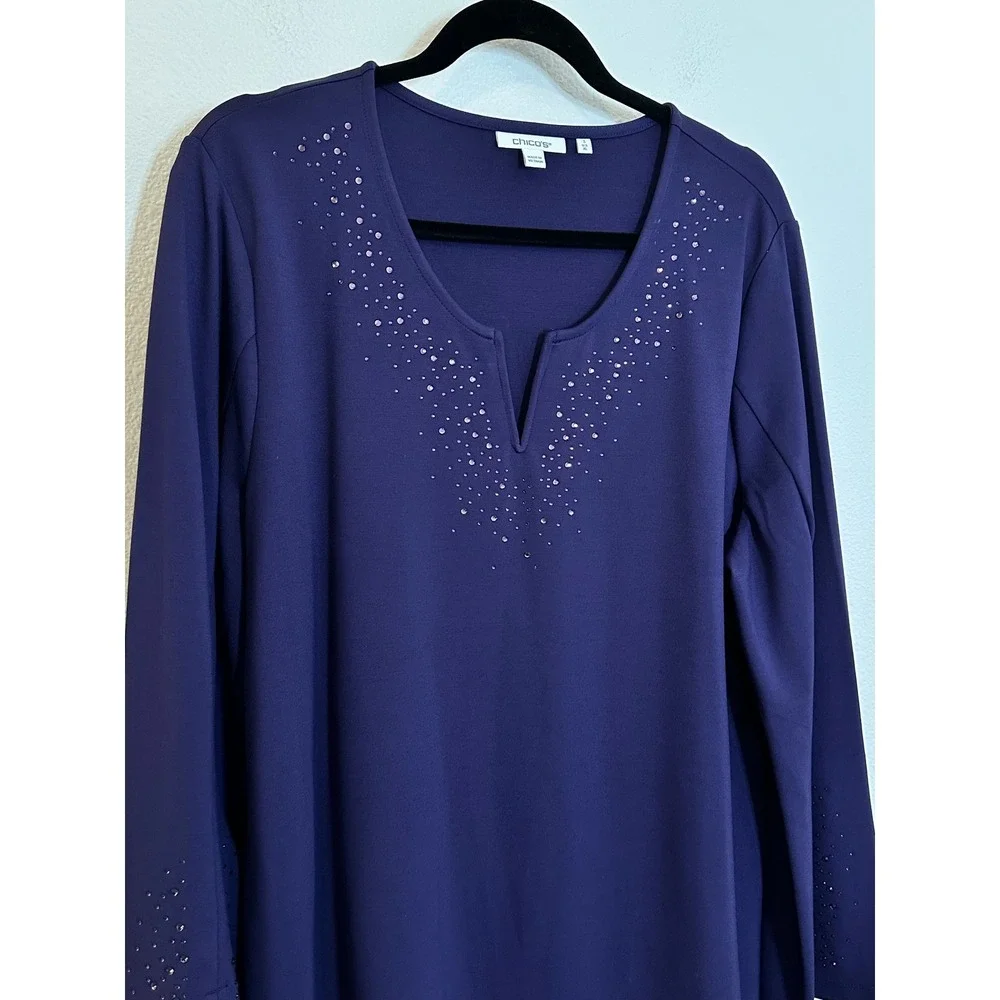 Chico's Rhinestone Embellished Split V-Neck Knit‎ Tunic Top Size 3 XL Purple - Picture 4 of 9